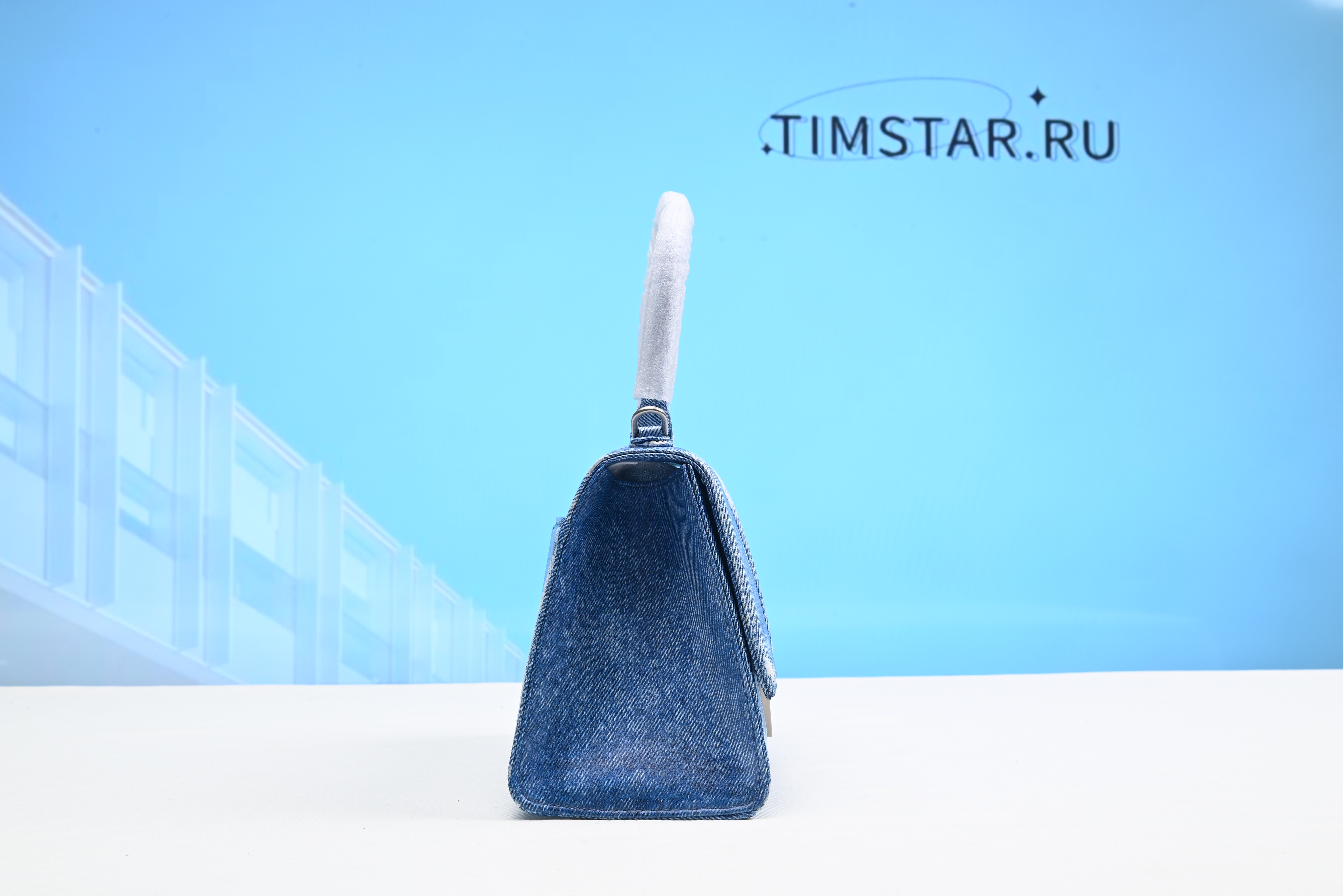 Hourglass Denim-Print Leather Bag - Light Blue 19x12x7.5cm